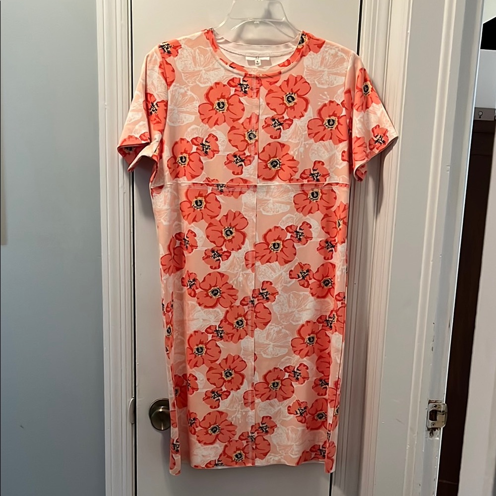 Orange and Pink Sheath Midi Dress with Crew Neck